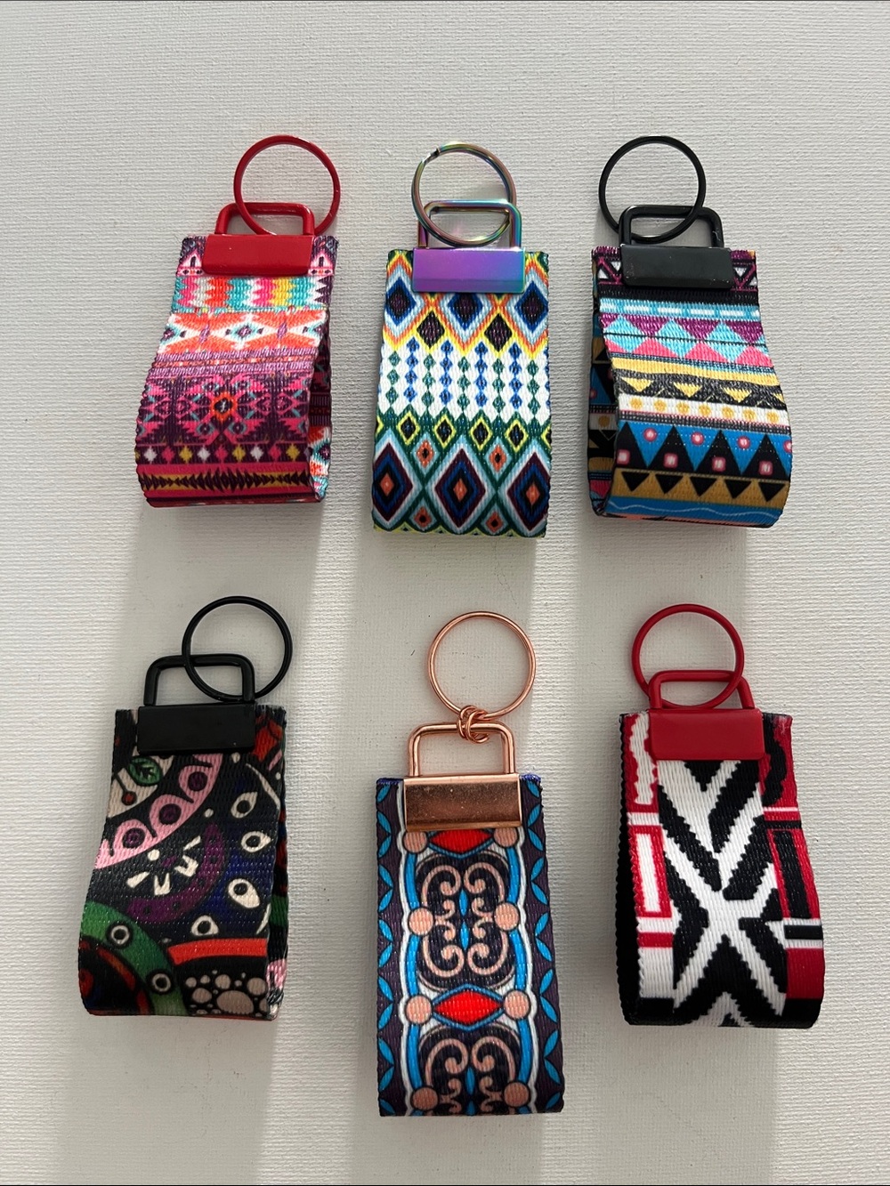 Set of 6 Patterned Purse tote handbag backpack tassel mini Key Fobs - Multicolor